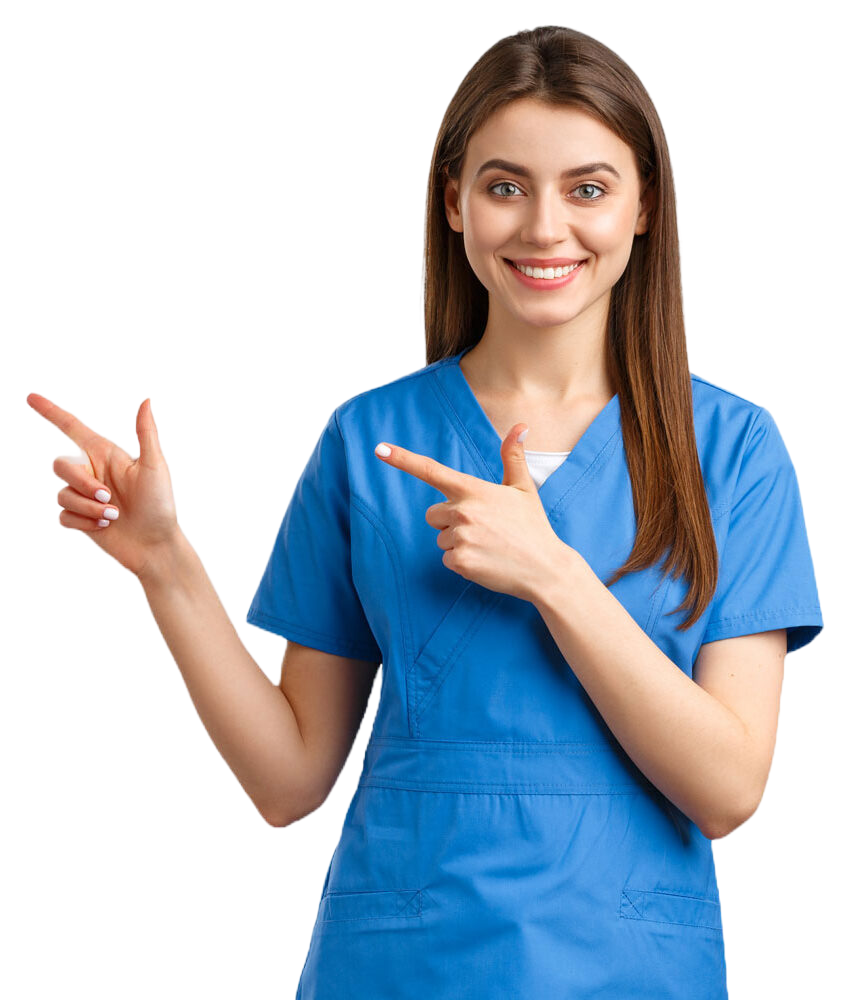 Smiling female nurse in blue scrubs pointing to the side
