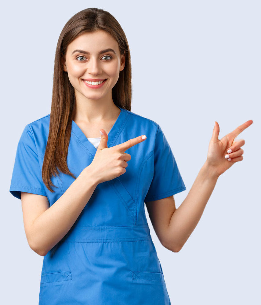 Smiling female nurse in blue scrubs pointing to the right, directing users to the FAQ section for Primal Wellness and Psychiatry services.