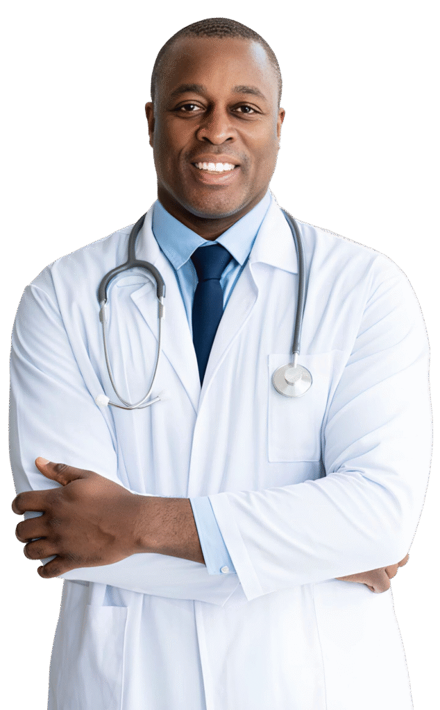 Joel L. Smith, PMHNP-BC, smiling in a white coat with a stethoscope, offering virtual psychiatric care