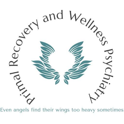 Logo of Primal Recovery and Wellness Psychiatry featuring stylized angel wings with the tagline “Even angels find their wings too heavy sometimes.”