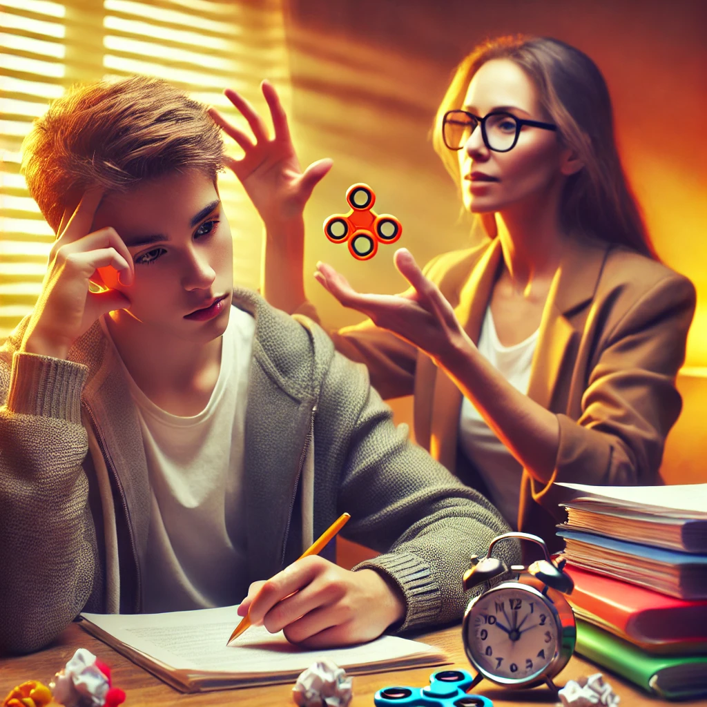 Young person with ADHD struggling to focus during study session, therapist offering guidance