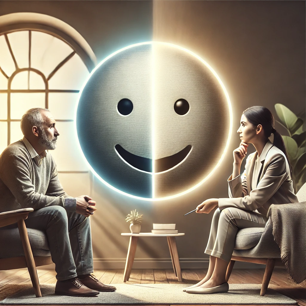 Therapist and patient seated across from each other with a large dual-faced emoji symbolizing bipolar disorder