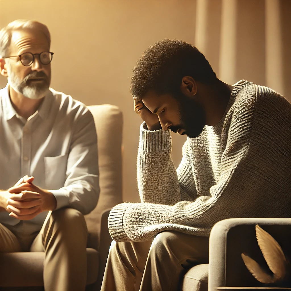 Man sitting on a couch with head down during a therapy session, showing signs of depression