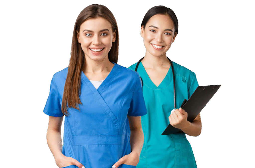 Two smiling female nurses, one holding a clipboard, representing compassionate mental health support services at Primal Recovery and Wellness Psychiatry.
