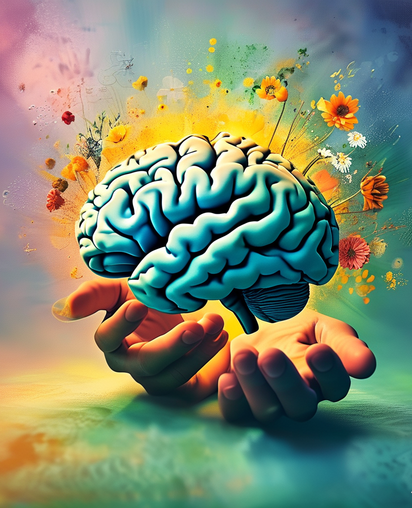 Hands holding a vibrant human brain surrounded by blooming flowers symbolizing mental healing and emotional wellness