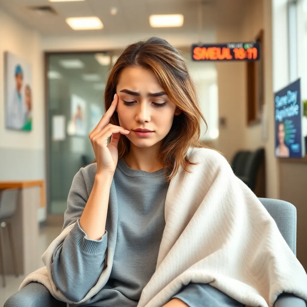 Young woman sitting in a clinic waiting room, looking distressed and thoughtful, symbolizing mental health struggles