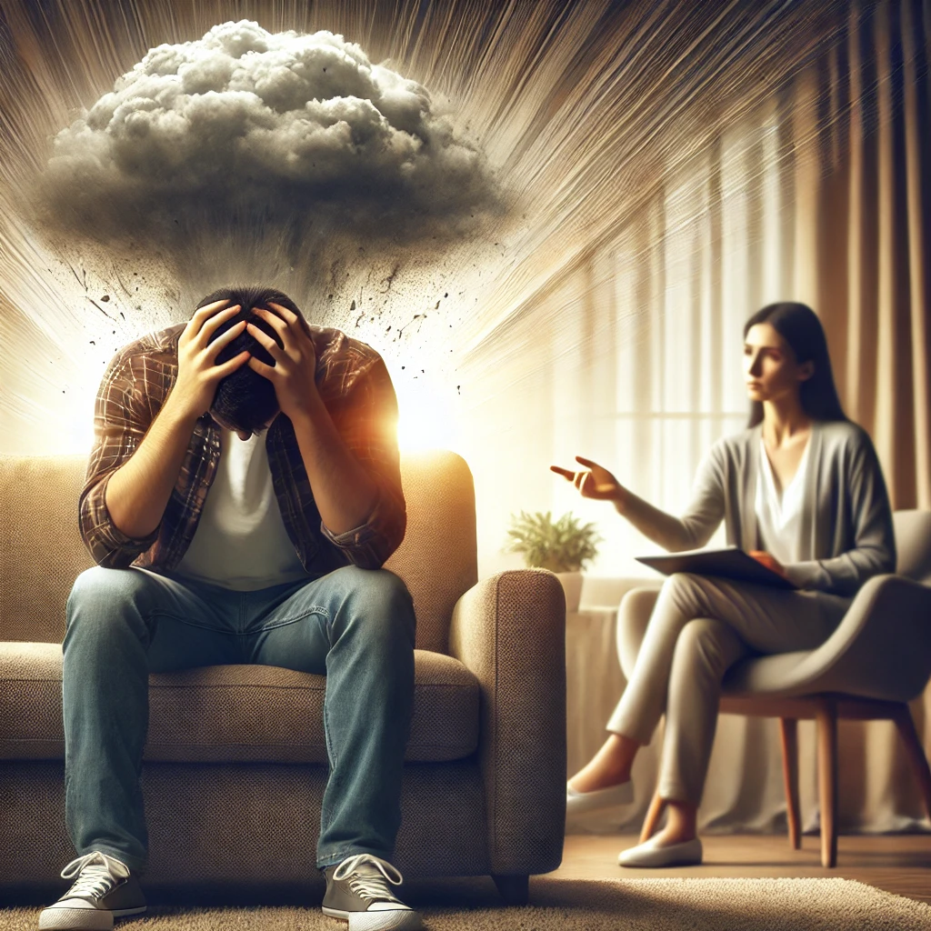 Person overwhelmed by anxiety during therapy session with storm cloud overhead