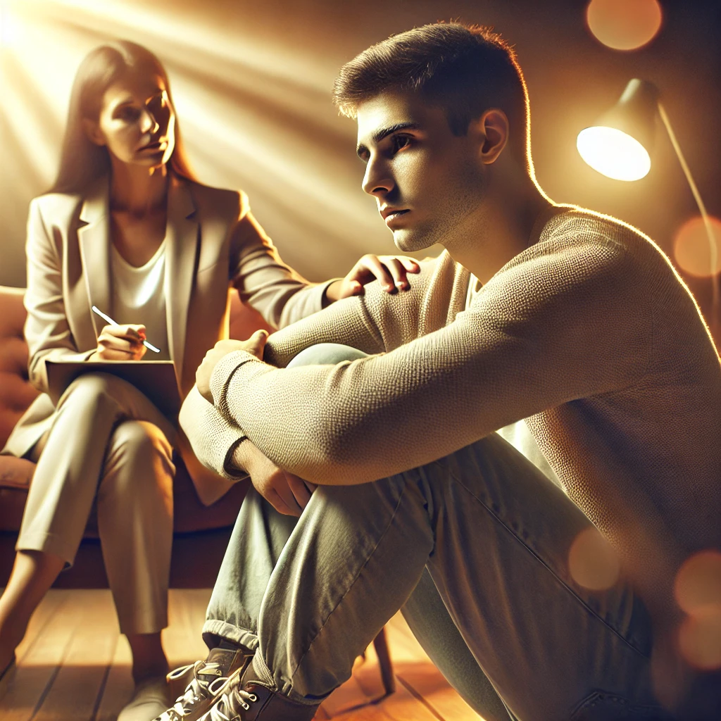 Person experiencing PTSD during therapy session with visible emotional distress