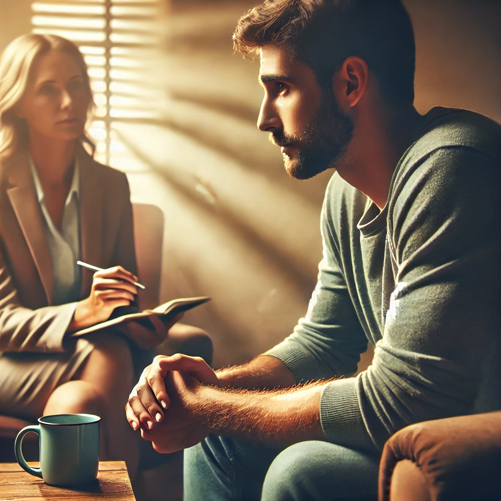 Man in therapy session reflecting on substance use challenges